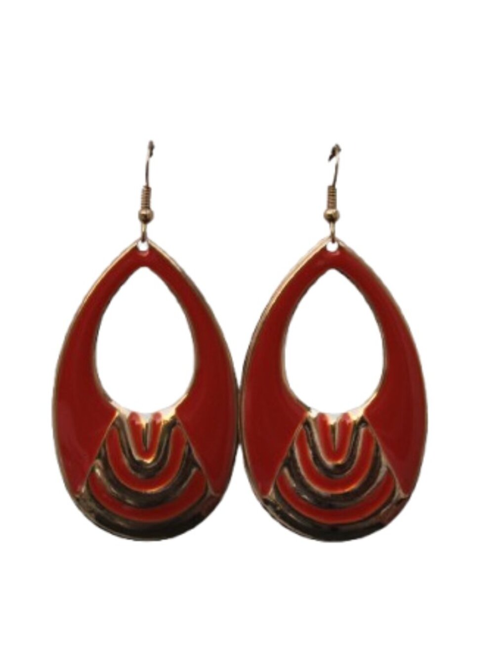 Tribal Boho Orange Gold Oval Dangle Teardrop Hook Earrings
